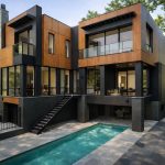 Modern luxury home exterior with aluminium composite panel cladding in wood and charcoal finish